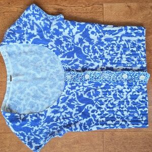 Free People Sweater Size Large Blue Bird Print Short Sleeve Cardigan Sweater Top